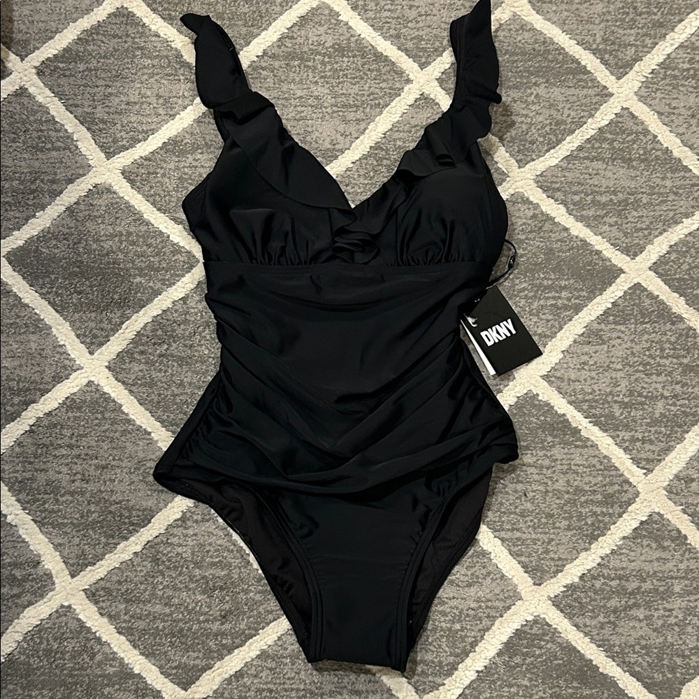 NWT DKNY Elegant Black One Piece Swimsuit with Ruffle Detail
